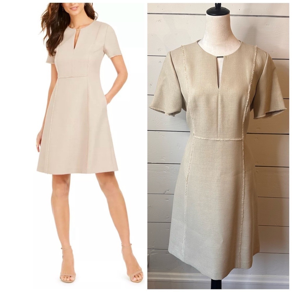 Elie Tahari Womens Elie Ariel Keyhole Dress NWT 12 Beige Fit Flare‎ Short Sleeve